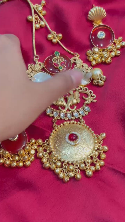 Partywear Designer Brass Base Chain Pendant Set With Earrings with Ghungroo