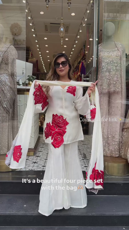 Designer Pure Mul Chanderi Applique and Pearl Work Short Kurta With Flared Sharara Bell Bottoms