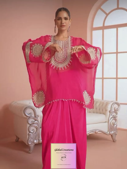 Hot Pink Pure Chinon Kaftan Style Tunic With Dhoti Drape Skirt