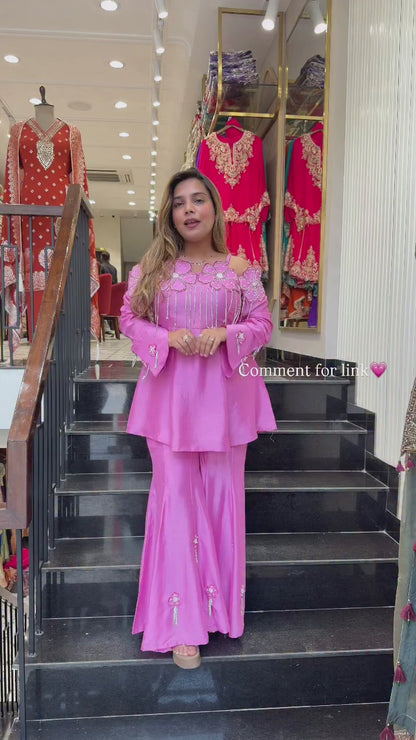 Designer Pure Mul Chanderi Applique and Pearl Work Peplum Top With Flared Sharara Bell Bottoms