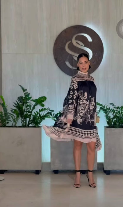 Imported Satin Silk Batwing Sleeves Short Kaftan Dress