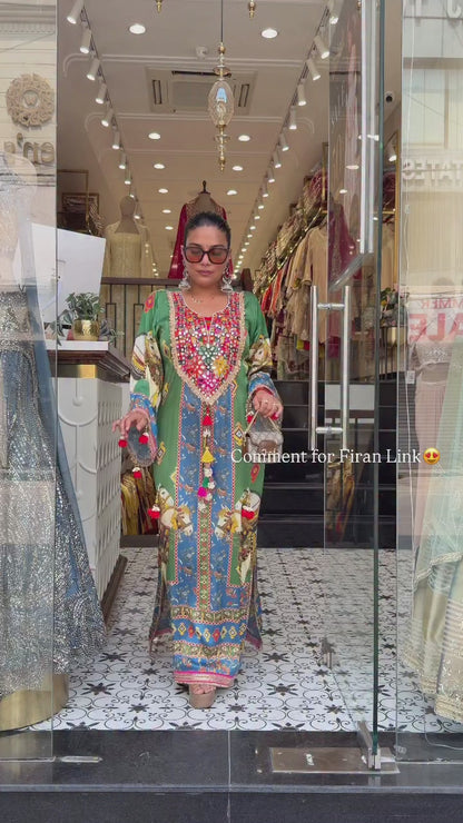 Designer Partywear Pure Crepe Kaftan Long Dress With Mirror Work
