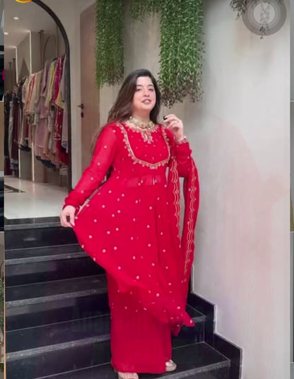 Red Designer Partywear Georgette Anarkali Suit With Hand Work
