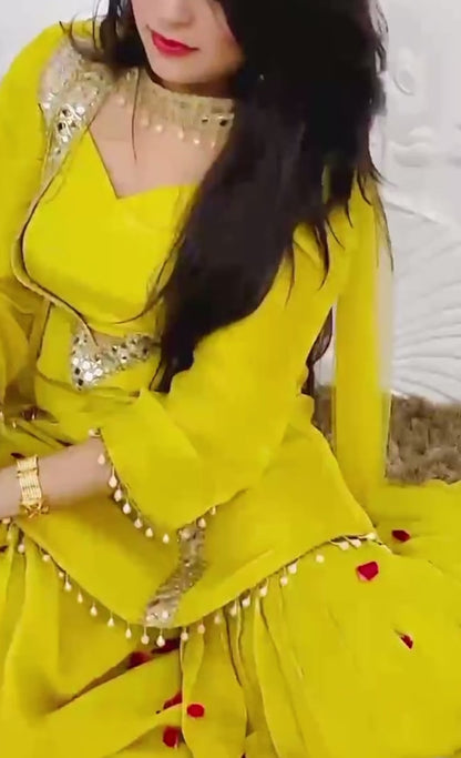 Designer Partywear Shimmer Organza Suit With Sharara With Mirror Work