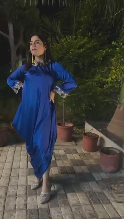 Royal Blue Premium Satin Cowl Dress With Handwork On Collar & Sleeves