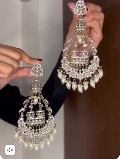 Designer Partywear Kundan Long Dangler Pearl Earrings