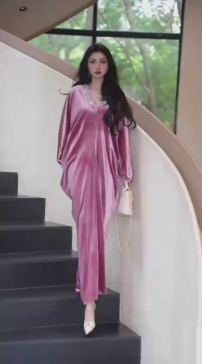 Imported Premium Velvet Rhinestone Neckline Kaftan Dress