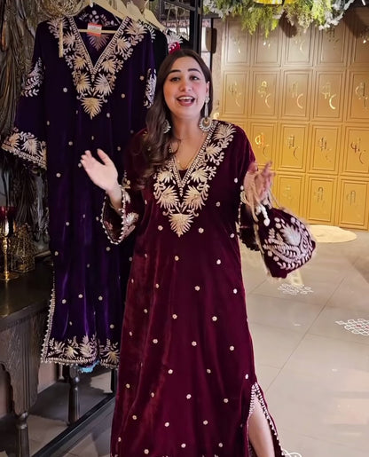 Designer Partywear Velvet Maroon Long Dress With Aari Work With Potli