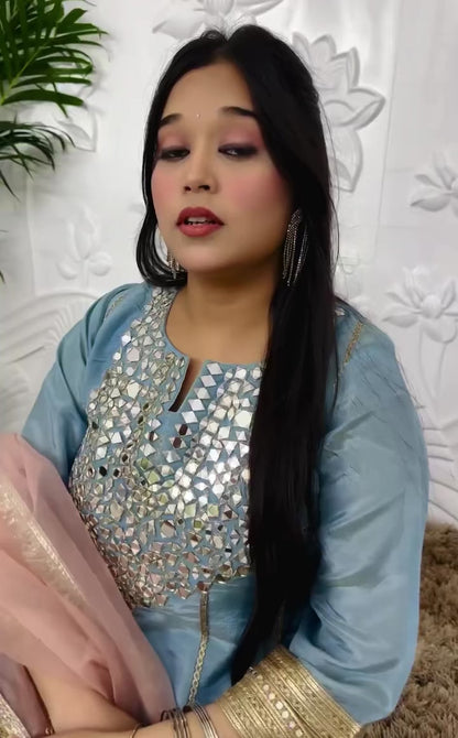 Designer Partywear Shimmer Organza Powder Blue Anarkali With Farshi Salwar