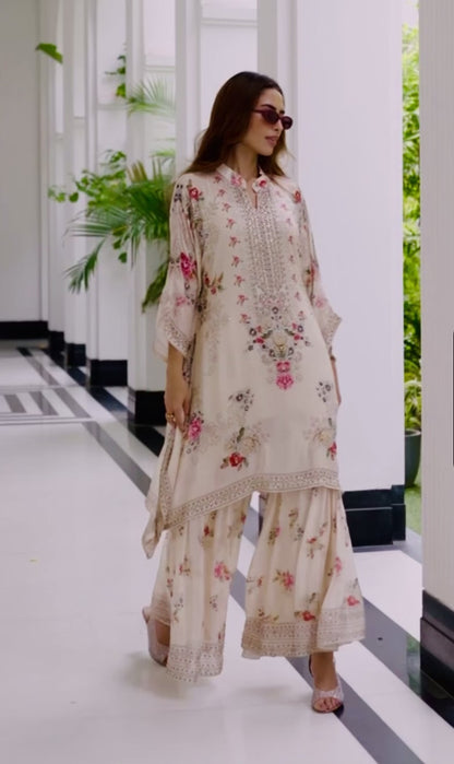 Partywear Designer Kaftan With Sharara in Chinon Silk