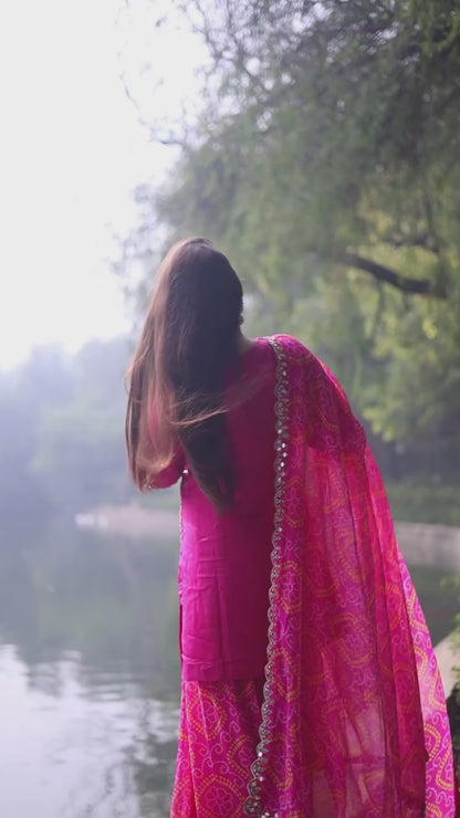 Pure Silk Mirror Work & Zari Embroidered Bandhani Sharara Suit