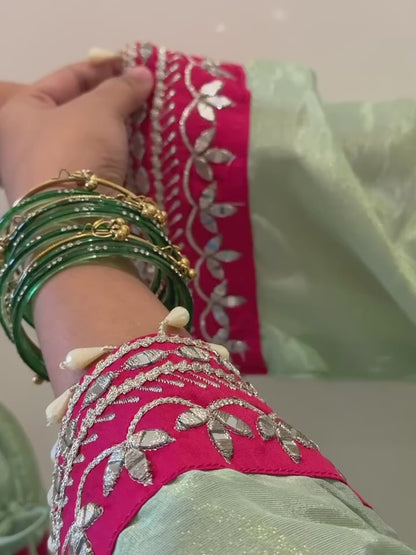 Designer Partywear Organza Shimmer Tissue Pakistani Zari and Mirror work Phiran Kaftan Long Dress with Pants
