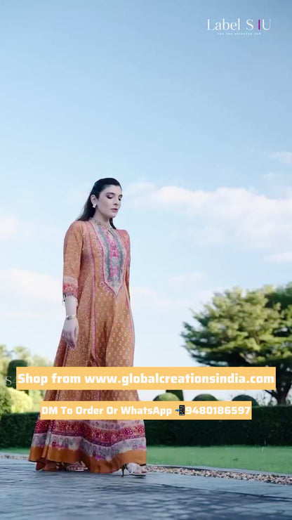 Designer Partywear Orange Floor Length Printed Crepe Anarkali