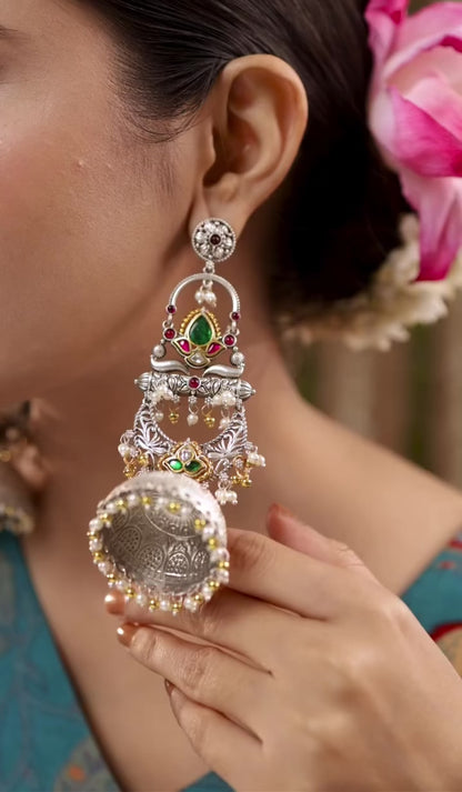 Partywear Designer Oxidized Silver And Gold Polish Dual Tone Kashmiri Jhumka Earrings