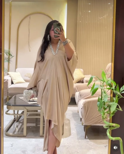 Imported Premium Satin Rhinestone Neckline Kaftan Dress