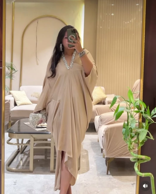 Imported Premium Satin Rhinestone Neckline Kaftan Dress