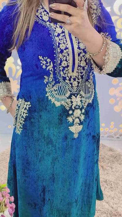 Designer Partywear Premium Dual Shade Velvet Kurta and Pant Set with Dupatta