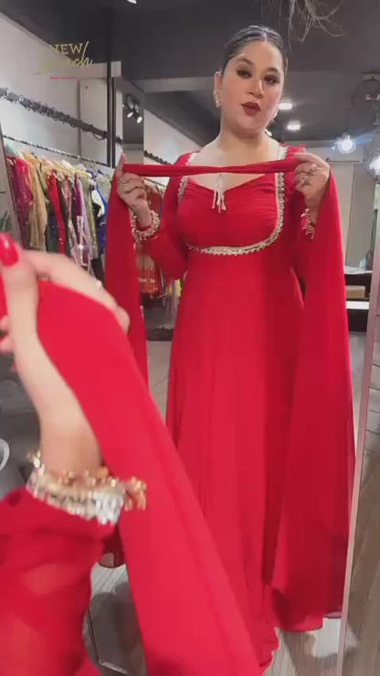 Red Designer Partywear Georgette Anarkali Suit With Lace Detailing & Tassels