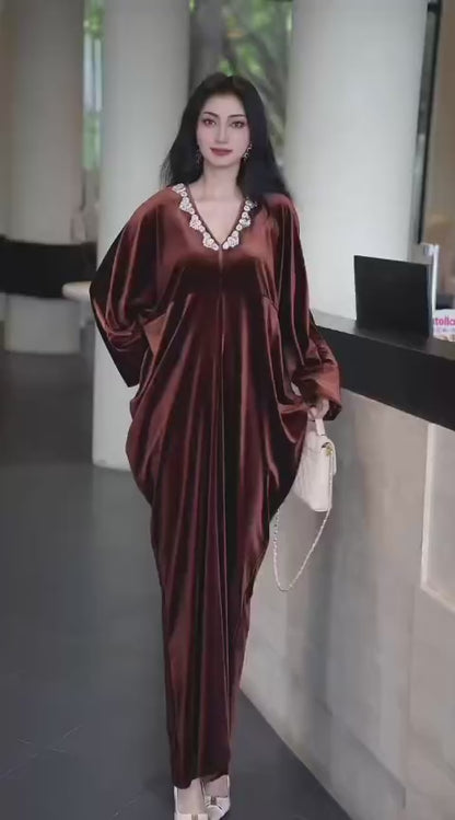 Imported Premium Velvet Rhinestone Neckline Kaftan Dress