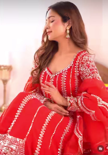 Red Designer Partywear Georgette Anarkali Suit With Heavy Mirror Work