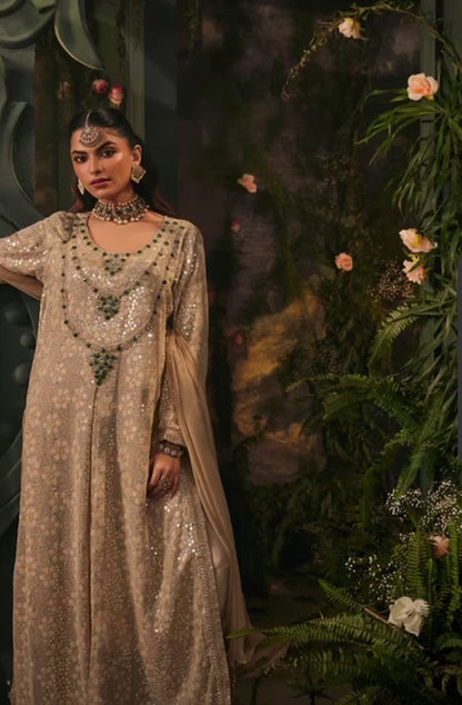 Designer Partywear Champagne Embellished Pakistani Suit Set/Long Kaftan l
