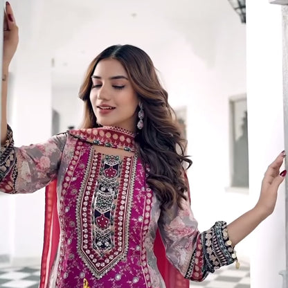 Grey Floral Print Embellished Crepe Satin Kurta With Sharara And Dupatta