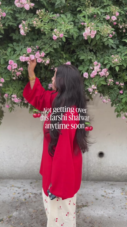 Pakistani Designer Red Kurta With Cherry Embroidery Farshi Salwar