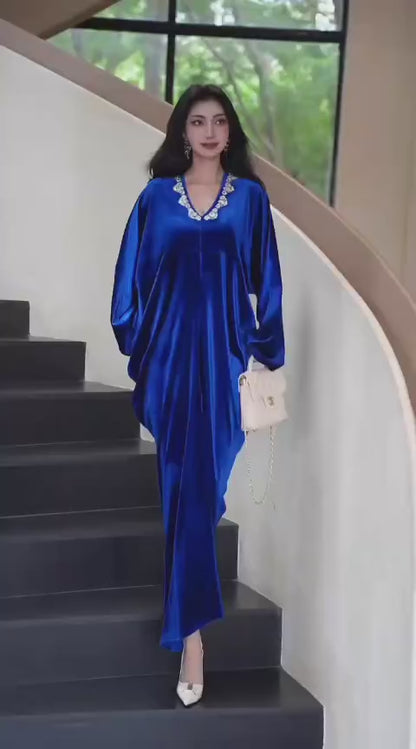 Imported Premium Velvet Rhinestone Neckline Kaftan Dress