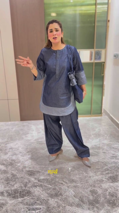 Designer Soft Denim Kurta With Farshi Salwar With Matching Bag