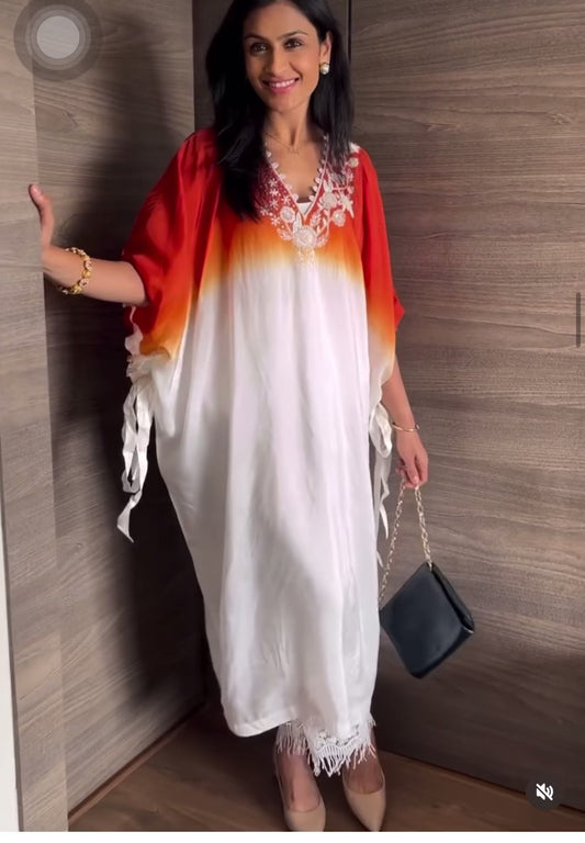 Off White and Rust Orange Ombre Kaftan Tunic with Pant