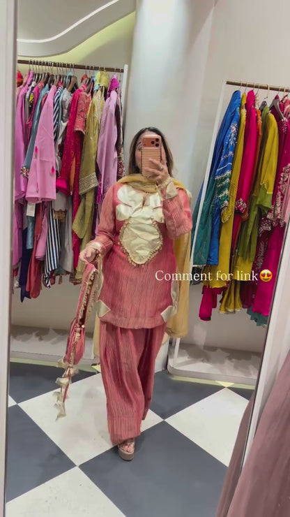 Designer Crush Tissue Gold Patch Kurta With Farshi Salwar, Dupatta and Potli