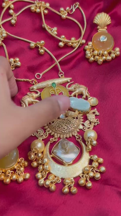 Partywear Designer Brass Base Chain Pendant Set With Earrings with Ghungroo