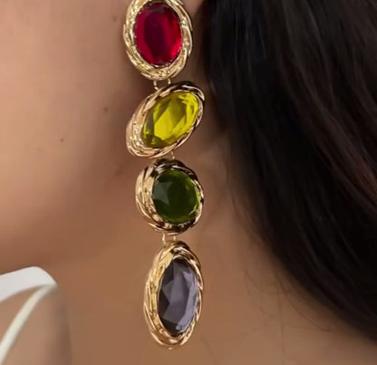 Designer Partywear Celebrity Style Multicolour Long Dangler Crystal Earrings
