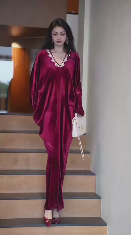 Imported Premium Velvet Rhinestone Neckline Kaftan Dress