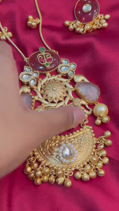 Partywear Designer Brass Base Chain Pendant Set With Earrings with Ghungroo