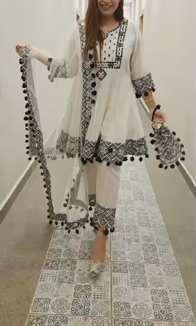 Pure Crepe Peplum Kurta With Embroidery, Mirrorwork And Pom Pom Lace