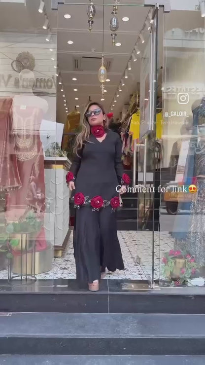 Designer 3D Rose Kurta With Flared Sharara