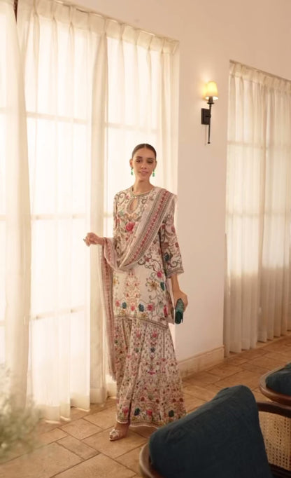 Partywear Designer Champagne Gold Printed Crepe Silk Sharara Set