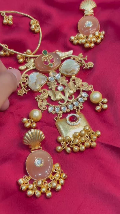 Partywear Designer Brass Base Chain Pendant Set With Earrings with Ghungroo